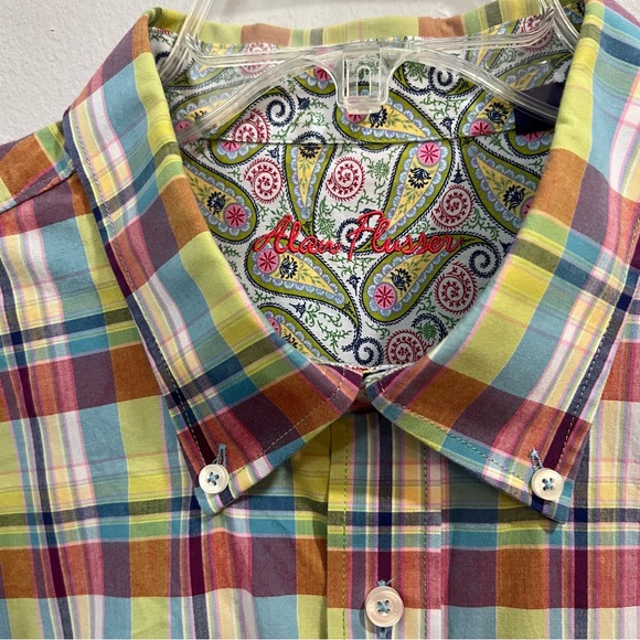 Alan Flosser Rainbow Plaid Button Down Paisley Inside Cuffs & Collar Back Pleat - Picture 6 of 7
